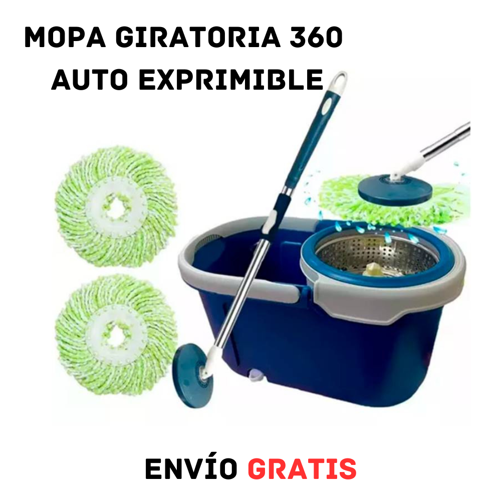 Mopa Giratoria Auto Exprimible🧹 + Balde 🪣 + Mopa de Repuesto 🎁